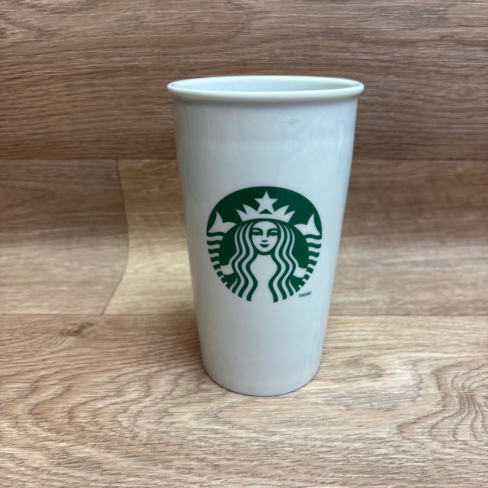 Starbucks 2011 White Ceramic Travel Tumbler Mug Siren Logo 12oz